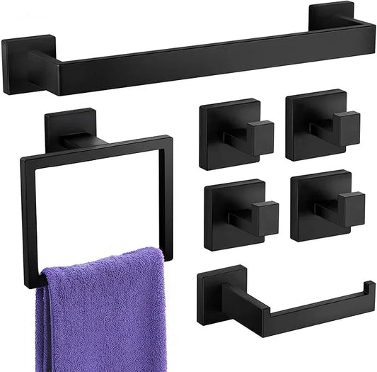 7-Pieces Towel Racks for Bathroom, SUS304 Matte Black Bathroom Accessory Set, Stainless Steel Black Bathroom Accessories, Stainless Steel Wall Mounted, Bath Towel Bar Set - ModernBath