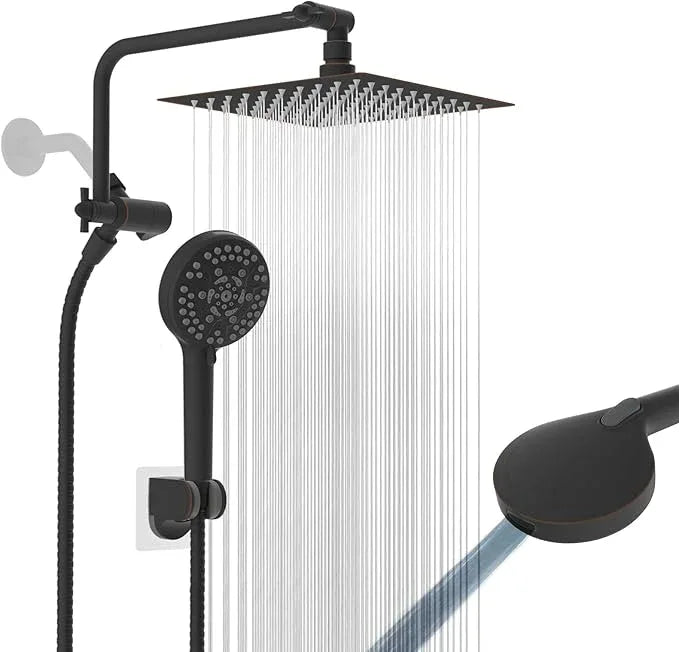 All Metal Shower Head, 8" High Pressure Rainfall/Handheld Shower Combo with 11" Extension Arm, 10-Spray Handheld Showerhead, 71" Long Hose, 3-Way Diverter Valve, Oil Rubbed Bronze - ModernBath