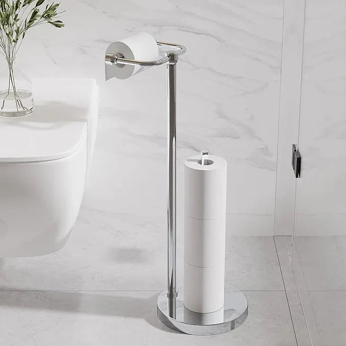 Toilet Paper Holder Stand, Post Pivoting Design Free Standing Toilet Paper Holder with Storage for 4 Rolls, SUS304 Stainless Steel Tissue Holder with Reserve, Heavy-Duty Base (Chrome) - ModernBath