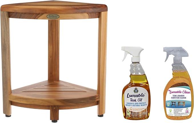 EcoDecors Fully Assembled SnazzyCorner® 18" Teak Shower Bench, Corner Shower Stool, w Shelf, Plus Loveable Teak Oil Spray Bottle 24 oz, Loveable Teak Cleaner 32 oz, Space Saver Corner be - ModernBath