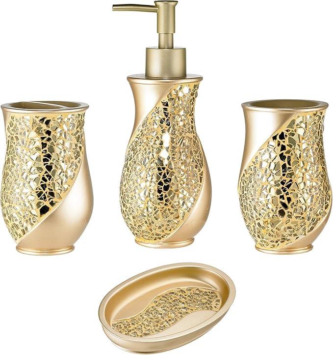 Zahari Home 4pc Sinatra Stylish Bathroom Accessories Set Champagne Gold Soap Dispenser Pump, Tumbler, Tooth Brush Holder and Soap Dish Modern Decor Bling Mosaic Glass Gold Bathroom Accessories - ModernBath
