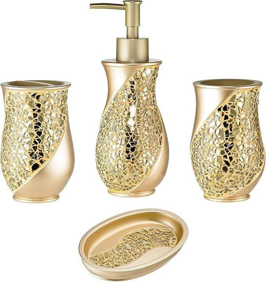 Zahari Home 4pc Sinatra Stylish Bathroom Accessories Set Champagne Gold Soap Dispenser Pump, Tumbler, Tooth Brush Holder and Soap Dish Modern Decor Bling Mosaic Glass Gold Bathroom Accessories - ModernBath