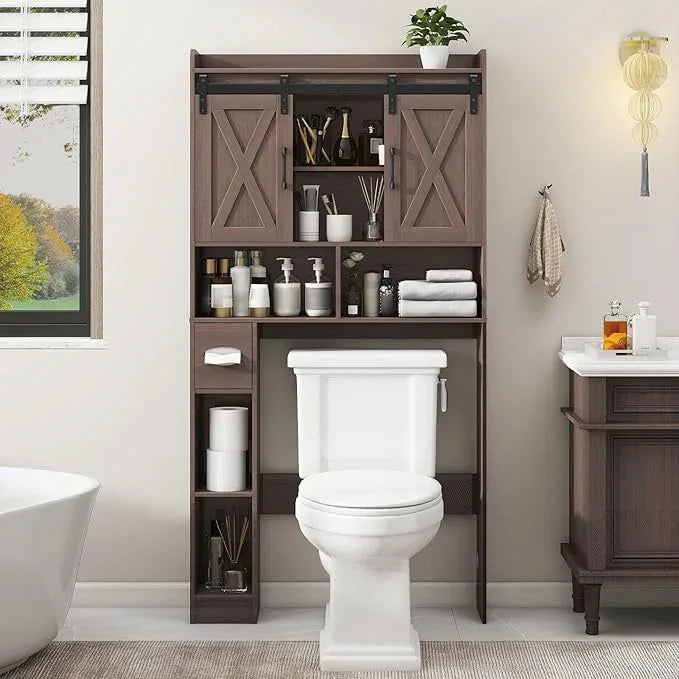 Vabches Over The Toilet Storage Cabinet, Farmhouse Storage Cabinet Over Toilet with Sliding Doors & Toilet Paper Holder Stand，Home Space-Saving Toilet Rack, for Bathroom, Laundry and Restroom - ModernBath