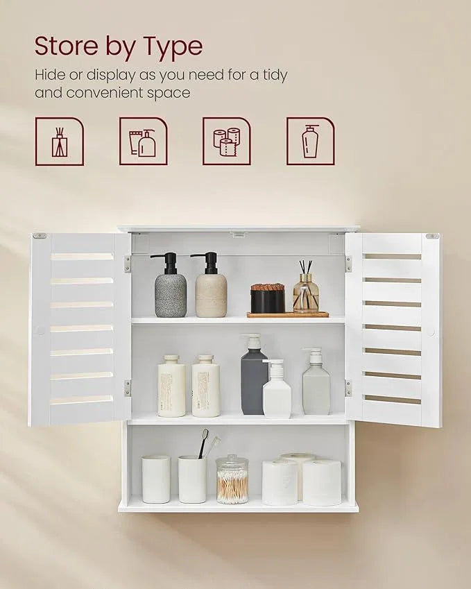 VASAGLE Bathroom Wall Cabinet, Medicine Cabinet, Wall-Mounted Bathroom Storage Cabinet, with Adjustable Shelf, Double Slat Doors and Open Shelf, 7.9 x 23.6 x 27.6 Inches, White UBBK028W01 - ModernBath