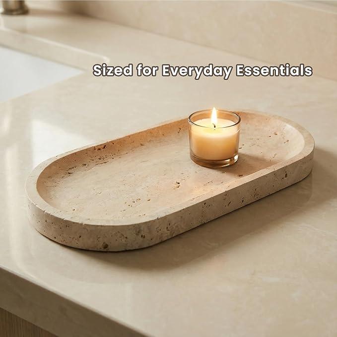 FS NANO 10"x5" Beige Natural Travertine Tray a Decorative and Catchall Organizer for Marble Vanity and Bathroom Countertop for Jewelry Perfume and Candles - ModernBath