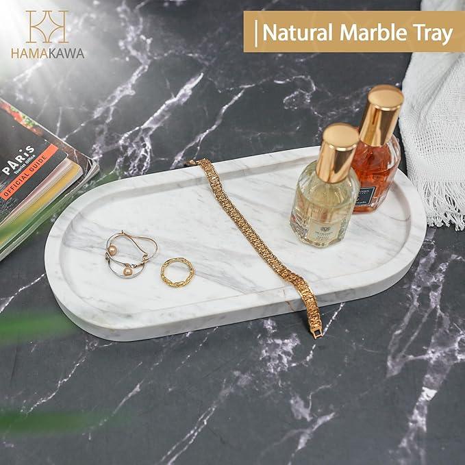 HAMAKAWA Oval Bathroom Vanity Tray, Large Natural Marble Sink Tray 10 inch, Volakas White Stone Soap Trays, Modern Perfume Trays, Countertop Organizer for Kitchen, Coffee Table, Home Decor - ModernBath