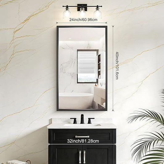 CIVENO Bathroom Mirror, 40x24 Inch Brushed Black Rectangle Mirror, 0.6" Thickened Deep Metal Framed Vanity Mirrors for Bathroom Sink, Shatterproof Tempered Glass, Antirust, Horizontally or Vertically - ModernBath