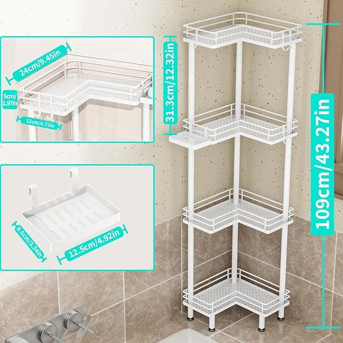HapiRm Corner Shower Caddy Organizer - 4 Tier Shower Shelf Corner with Soap Holder, Rustproof Bathroom Standing Organizer with 4 Hooks, White - ModernBath