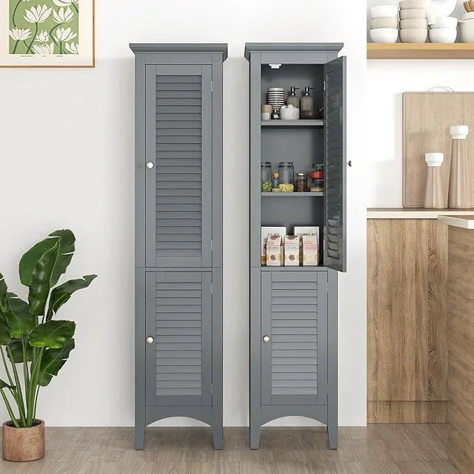 Tangkula 63" Tall Bathroom Storage Cabinet, Freestanding Narrow Linen Tower with Adjustable Shelf, Modern Slim Floor Cabinet with 2 Doors for Bathroom, Living Room, Kitchen (Grey) - ModernBath