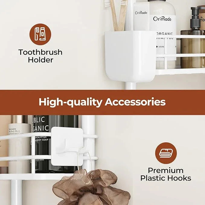 Orimade Rustproof 3 Tier Floor Standing Corner Shower Caddy Organizer with Toothbrush Holder, Large Spacing Floor Shower Shelf Rack Storage Stands with Hooks for Bathroom Kitchen, White - ModernBath