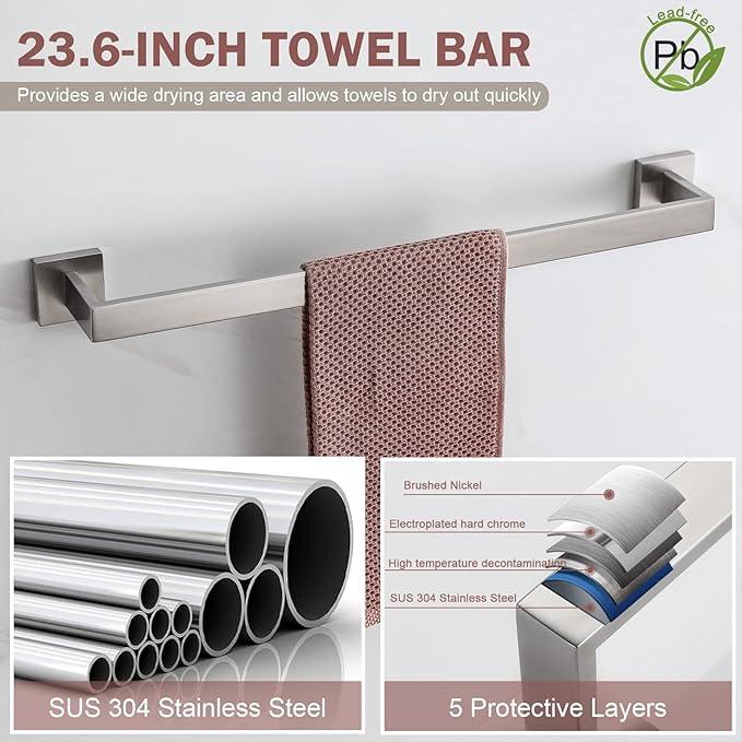 VELIMAX Premium Stainless Steel 4 Pieces Bathroom Hardware Accessories Set Wall Mounted Towel Bar Set, Brushed, 23.6-Inch - ModernBath