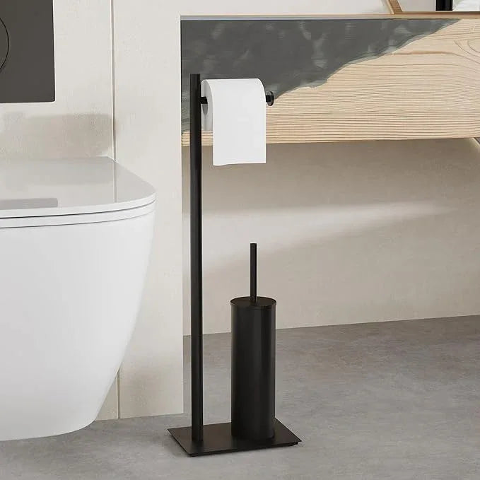 RUACQ Toilet Paper Holder Stand with Toilet Brush and Holder Set, 304 Stainless Steel Bathroom Toilet Tissue Paper Roll Holder Free Standing, Weighted Base, Heavy Duty (Matte Black) - ModernBath
