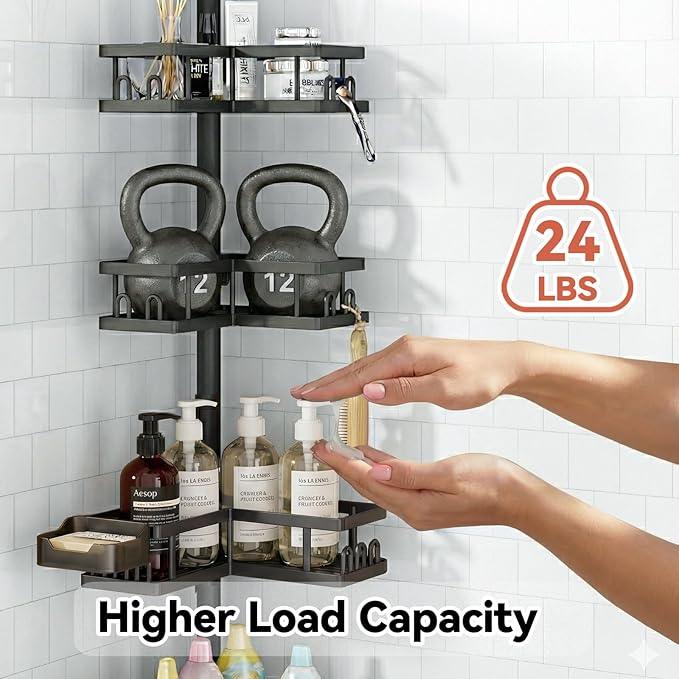 YASONIC Corner Shower Caddy Tension Pole, 25.7-109.1in Adjustable Shower Shelves, Rust-Resistant Shower Organizer, No-Drill 3-Step Installation, Bathroom Shelves for Renters & Family, Black - ModernBath