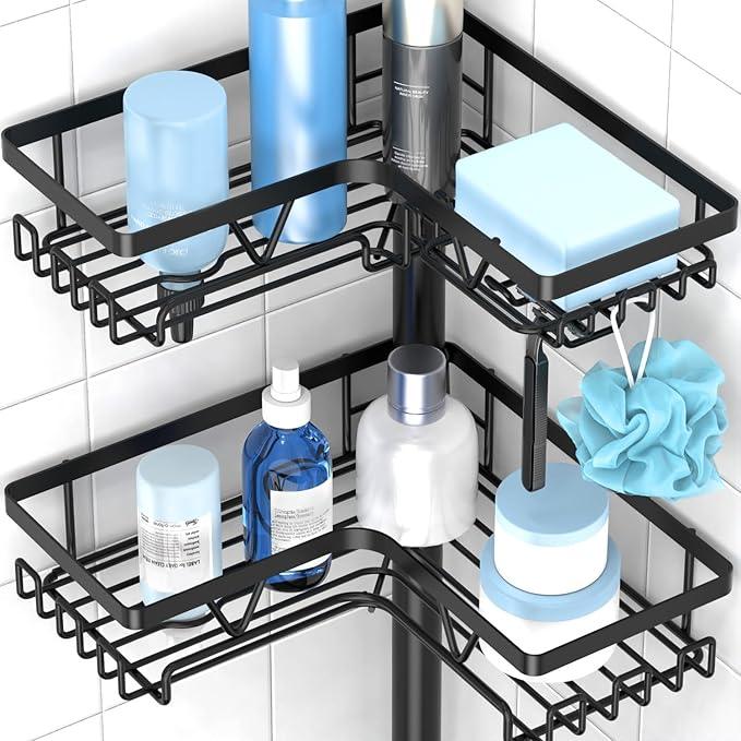 KEGII Corner Shower Caddy Standing – 4-Tier Shower Shelf Organizer with Hooks & Soap Holder, Free-Standing Bathroom Storage Rack for Shampoo & Toiletries, Black - ModernBath