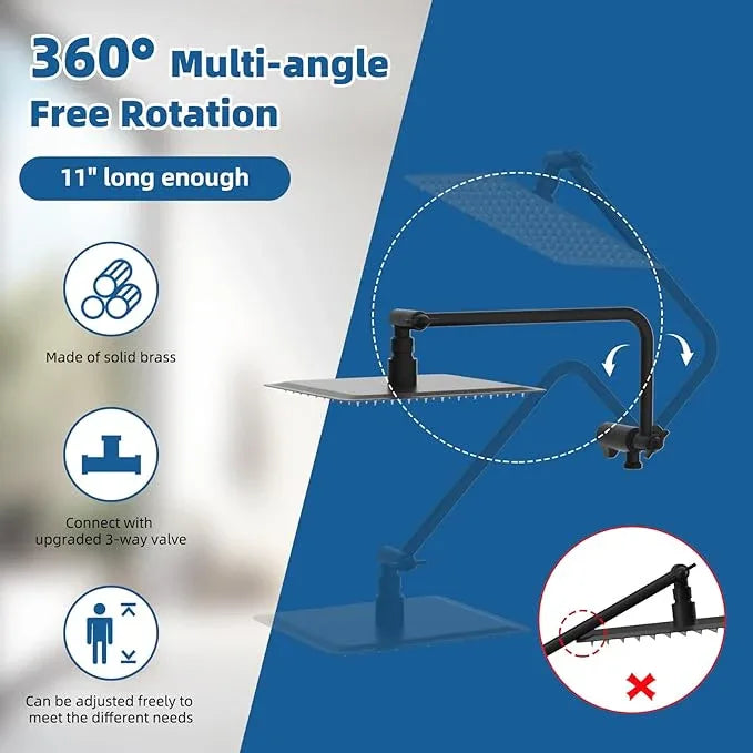 12" All Metal Shower Head, High Pressure Rainfall Shower Head/Handheld Showerhead Combo with 11" Adjustable Shower Extension Arm, 71" Hose, Shower Head Holder, Matte Black - ModernBath