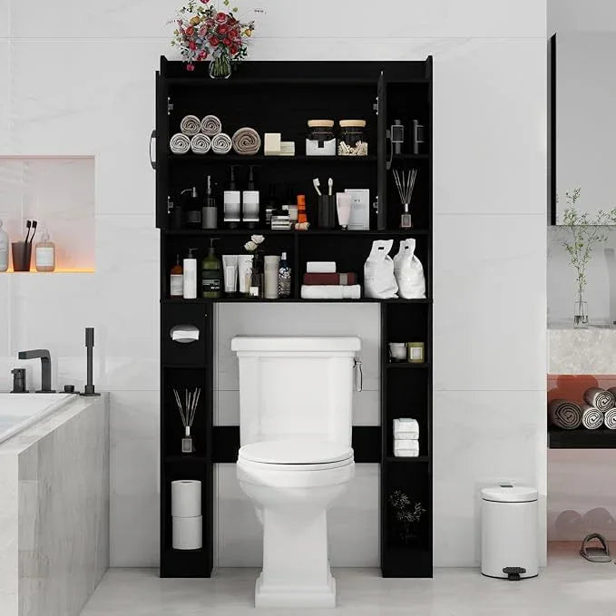 Vabches Over The Toilet Cabinet, Double Doors Bathroom Shelf Organizer with Toilet Paper Holder Stand and Open Storage Shelf, Small Freestanding Space Saver for Restroom, Bathroom, Laundry, Black - ModernBath