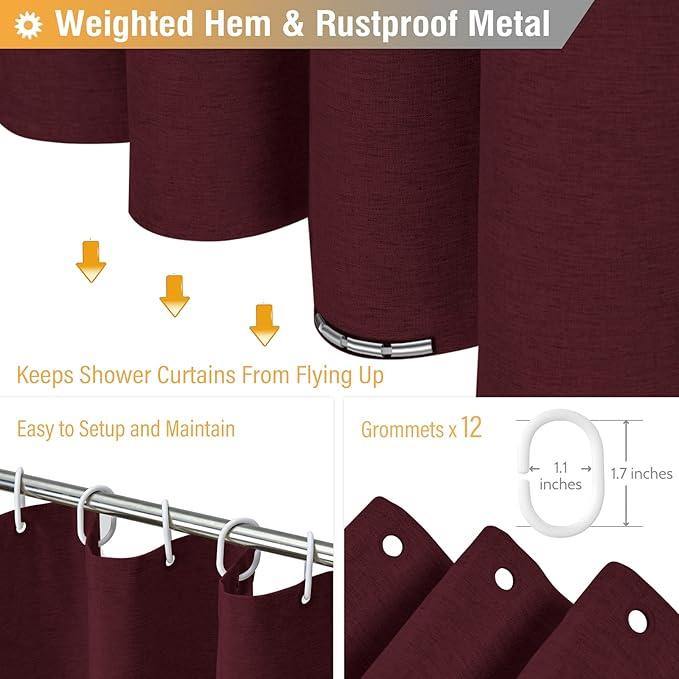 BTTN Fabric Shower Curtain, Linen Textured Heavy Duty Polyester Cloth Shower Curtain Set with Plastic Hooks, Burgundy, 72" W x 84" L (Pack of 1) - ModernBath