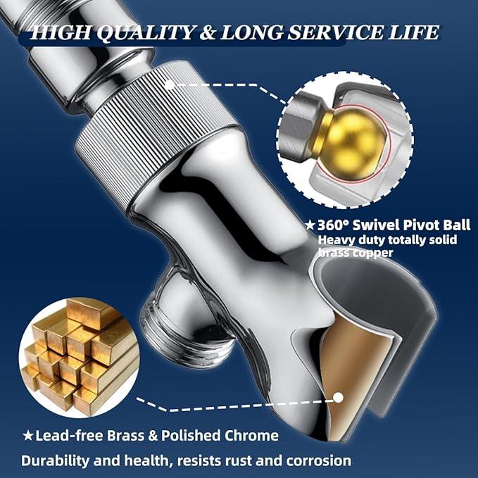 Shower Head Holder All Metal Adjustable Handheld Shower Arm Mount, 1/2" Shower Hose Holder Fits Most Hand Showerheads, Brass Hand Held Shower Head Holder, Easy to Install(Chrome) - ModernBath