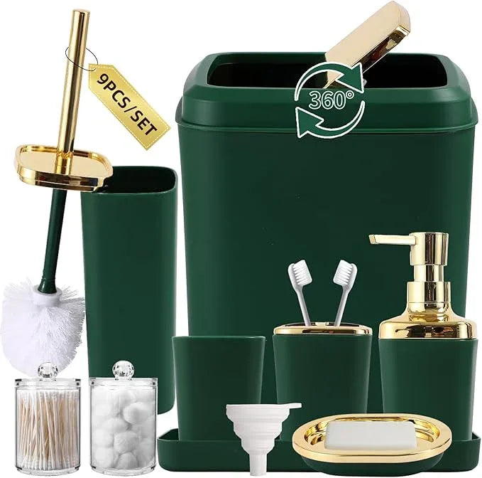 XLHOMO Dark Green Bathroom Accessories Set, Green and Gold Bathroom Accessories with Trash Can, Soap Dispenser, Soap Dish, Toothbrush Holder and Q-tip Holders - ModernBath