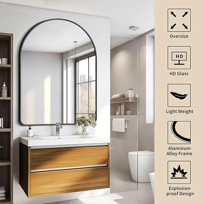 FORBATH Arched Mirror 36x48 Inch, Bathroom Mirror Wall Mounted Modern Black Aluminum Alloy Frame Decor Large Dresser, for Bedroom Living Room Entryway, Hanging or Leaning Against Wall - ModernBath