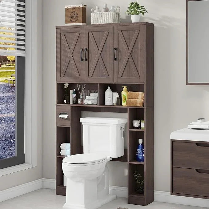 Over The Toilet Storage Cabinet, Farmhouse Toilet Cabinet Rack with 3 Barn Doors, Space Saving Bathroom Organizer with Shelves, Toilet Paper Holder and Towel Rack for Bathroom,Restroom, Espresso - ModernBath