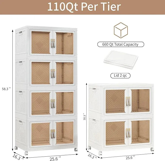 Large Stackable Storage Bins with 2 Lids, 660QT-110QT*6Tier Foldable Cabinet for Closet Organizers, Plastic Storage Containers Box with Wheels - ModernBath