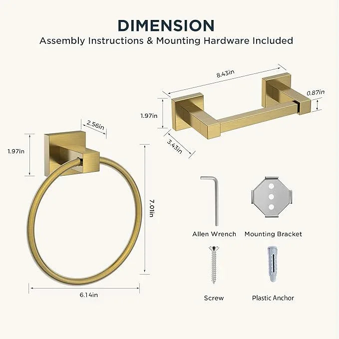 FORIOUS Toilet Paper Holder Wall Mount and Hand Towel Ring Set, SUS 304 Stainless Steel Double Post Pivoting Tissue Roll Holder, Modern Bathroom Hardware Accessories Set, Brushed Gold - ModernBath