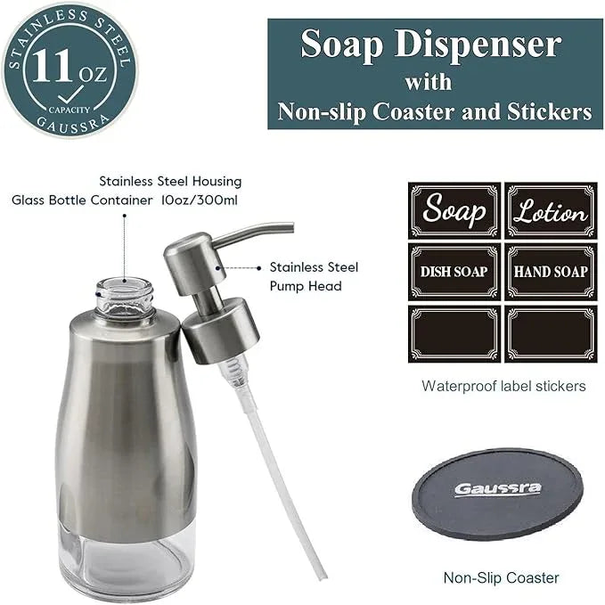 Gaussra Soap Dispenser with Coaster and Stickers, Brushed Nickel Stainless Steel Case Glass Liner Hand Pump Dispenser, Refillable Liquid Hand Soap Dispenser for Bathroom & Kitchen (11OZ / 320ML) - ModernBath