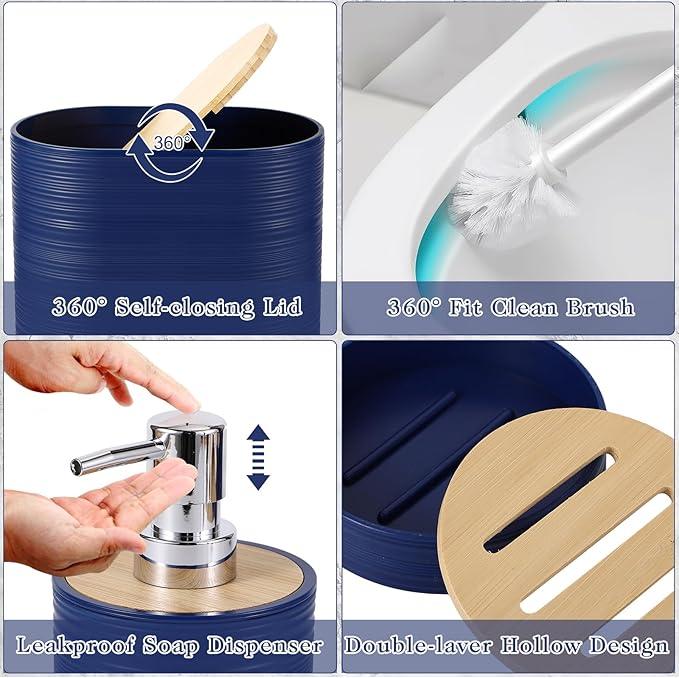XLHOMO Navy Blue Bathroom Set, Bathroom Accessories Set with Shower Curtain, Bath Towel Set, Blue Shower Curtain Set with Bathroom Trash Can, Soap Dispenser, Soap Dish for Home Decor - ModernBath