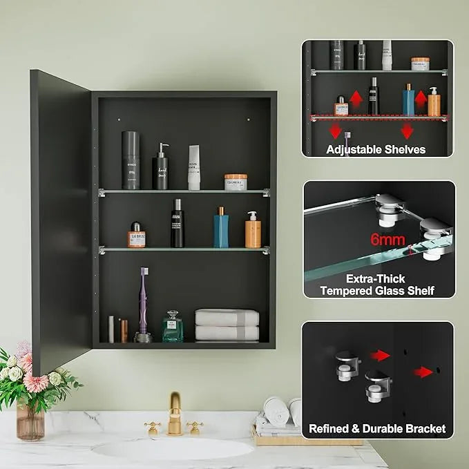 Buruis 20" x 28" Framed Medicine Cabinet with Mirror, Recessed or Wall Mounted Bathroom Cabinet, Adjustable Tempered Glass Shelves, Left/Right Open Reversible, No Assembly Required, Black - ModernBath