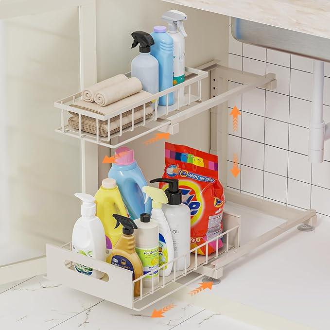 Under Sink Organizer, Heavy Duty Metal Slide Out Sink Shelf Organizer Height Adjustable, Multi-Purpose Storage Shelf for Kitchen Bathroom (Sand,1Pack) - ModernBath