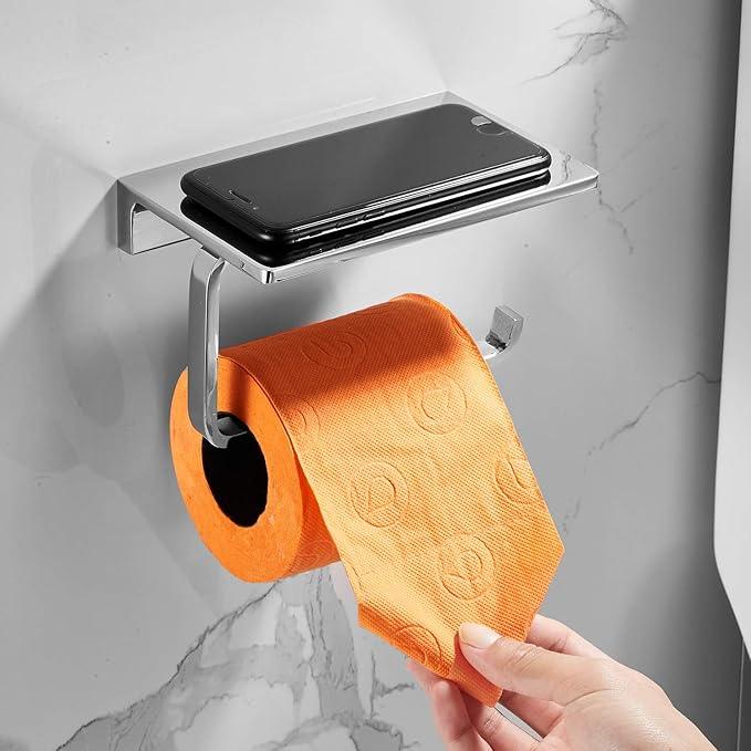 Toilet Roll Paper Holder for Bathroom Solid Brass and Superior Hotel Style Tissue Roll Holder with Cell Phone Storage Polished Chrome Finished - ModernBath