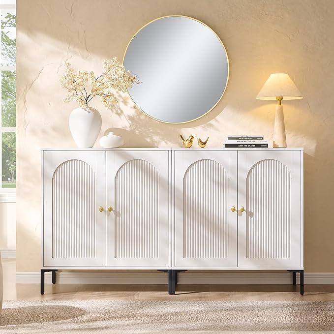 Bathroom Cabinet with Storage, 61.75" W Fluted Arched Free Standing Floor Cabinet w/Adjustable Shelves, Modern Sideboard Cabinet for Bathroom, Kitchen, Living Room, Entryway, White - ModernBath