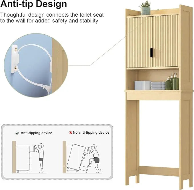 Over The Toilet Storage Cabinet,Behind Toilet Bathroom Organizer with Anti-tip,Space-Saving Toilet Shelf with Storage,Stylish Wave Pattern & Hidden Handle,Bathroom Shelf for Restroom/Laundry - ModernBath