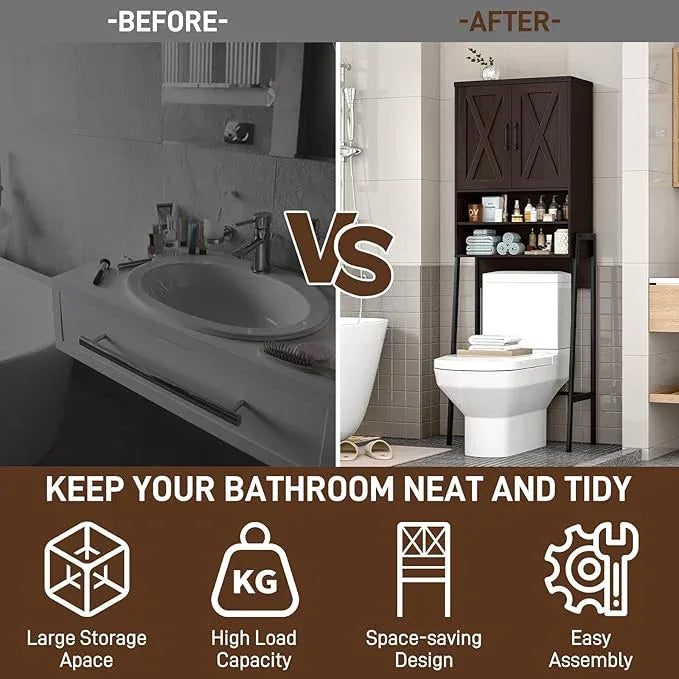 Vabches Over The Toilet Storage Cabinet, Farmhouse Over Toilet Storage Cabinet, Metal Frame with Barn Doors, Home Space-Saving Toilet Rack for Bathroom, Toilet, Laundry Room - ModernBath