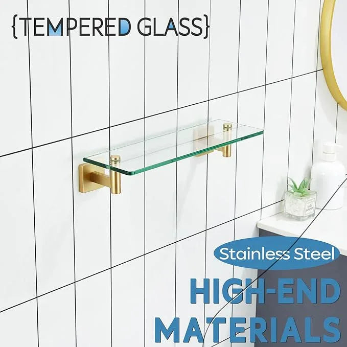 KOKOSIRI Wall Shelves Floating Shelf 16'' Gold Stainless Steel Bathroom Hardware Tempered Glass Hanging Rack Storage/Room Decor 2 Pack B1105BG-L16-P2 - ModernBath