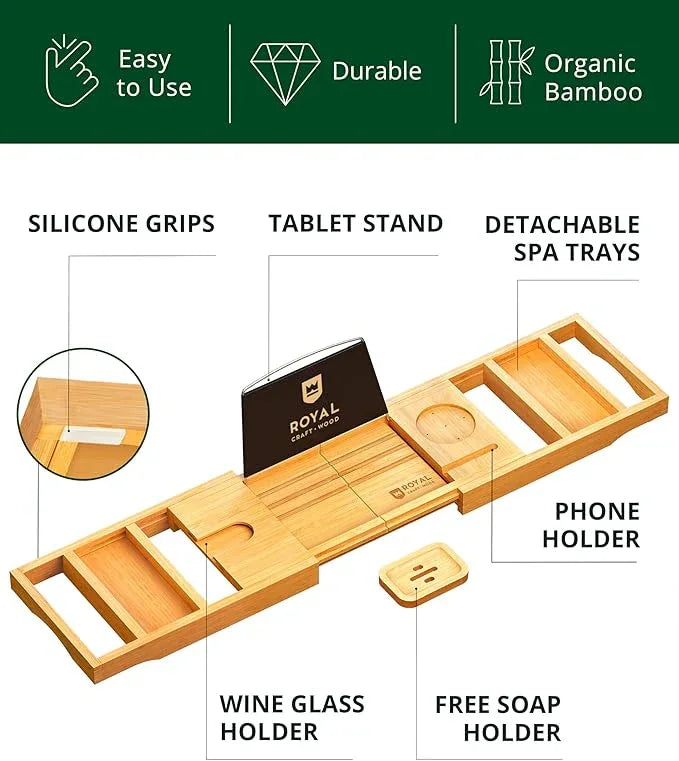 ROYAL CRAFT WOOD Bathtub Tray Caddy for Tub, Bamboo Bath Shelf, Premium Foldable Wood Bath Table, Expandable Bathtub & Bathroom Accessories, New Home Gifts for Mom, Housewarming, Anniversary, Wedding - ModernBath