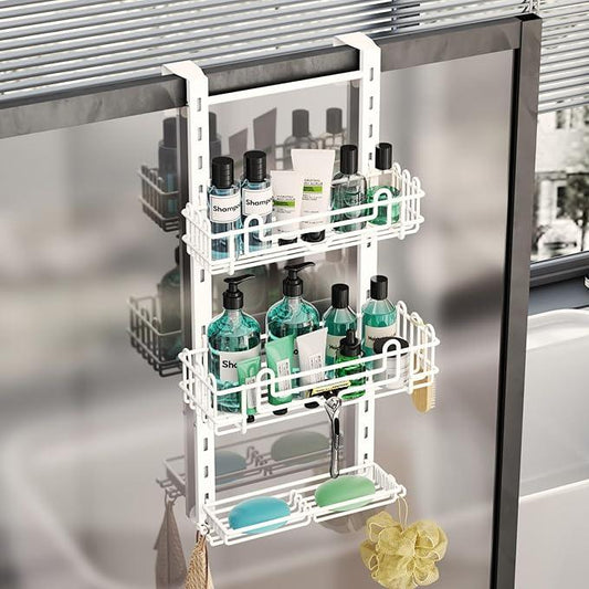 HapiRm 3 Tier Over the Door Shower Caddy, Hanging Shower Caddy with 16 Hooks and 2 Soap Holders, No Drilling Adjustable Hanging Bathroom Organizer - White - ModernBath