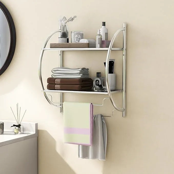 GOFLAME Wall Mounted Bathroom Shelf Set of 2, 2-Tier Chrome Towel Rack with Leaky Design Shelves, Towel Bars, Chrome Bathroom Shelf for Living Room Kitchen Bathroom, Silver - ModernBath