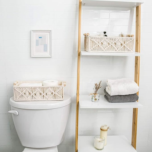 Mkono Macrame Storage Baskets Boho Decor Box Handmade Woven Decorative Countertop Toilet Tank Shelf Cabinet Organizer for Bedroom Livingroom Home, Set of 2, Ivory