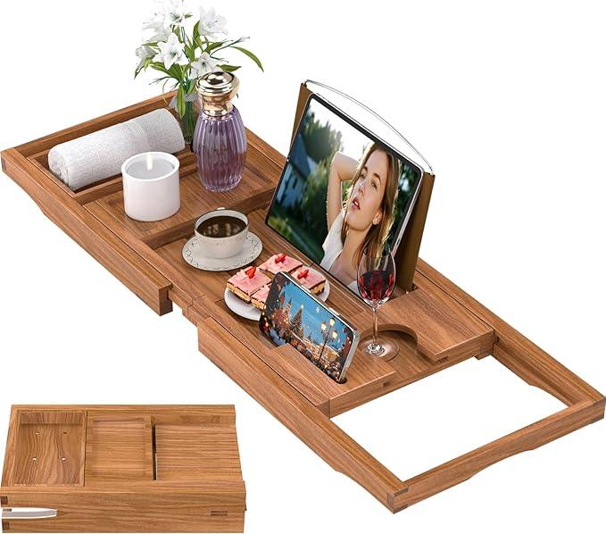 Premium Teak Bathtub Tray Caddy, Expandable Wooden Bath Tray for Tub,Luxury Bathroom Accessories,Great House Warming, Anniversary & Wedding and Birthday Gifts - ModernBath