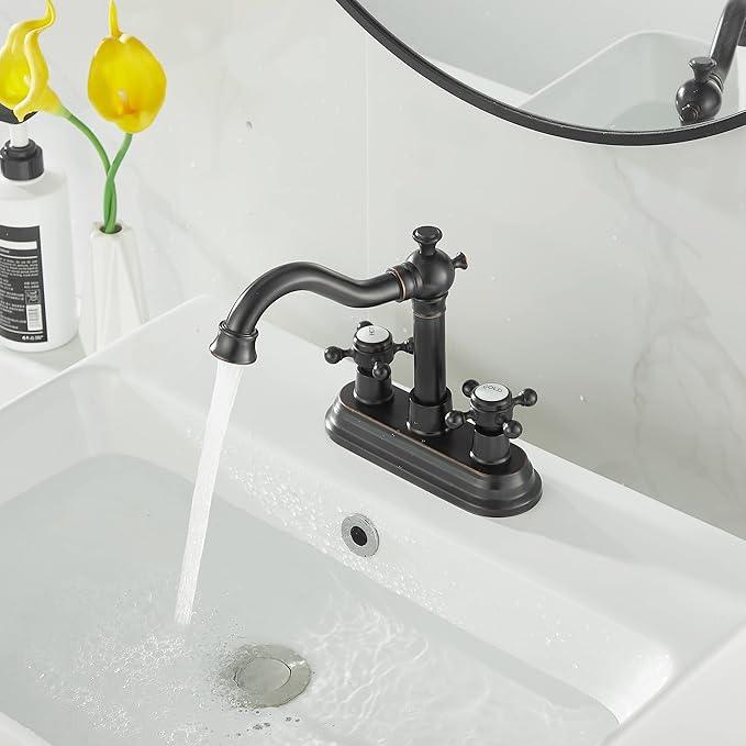 GGStudy Bathroom Faucet Oil Rubbed Bronze 2 Handles 4 Inches Centerset Bathroom Vanity with Drain Assembly and Supply Hose Lavatory Faucet - ModernBath