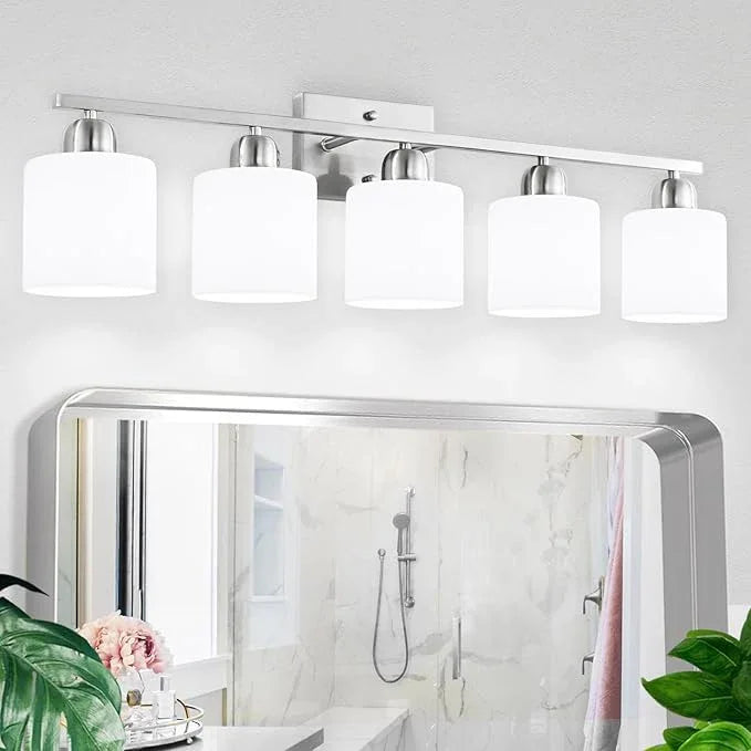 FAISHILAN 5 Light Bathroom Light Fixtures Brushed Nickel, Bathroom Vanity Light with Milky White Frosted Glass Shade, Vanity Lights for Mirror Bedroom Living Room E26 Base - ModernBath