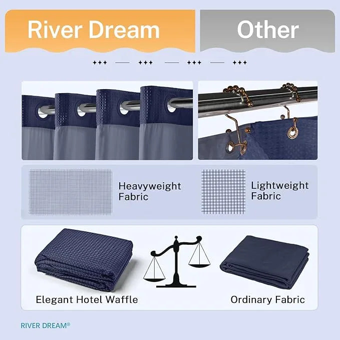 River Dream Stall Heavyweight No Hooks Required Dotted Waffle Weave Shower Curtain with Snap in Liner - 36W x 74H,Hotel Grade,Spa Like Bath Curtain,Navy - ModernBath