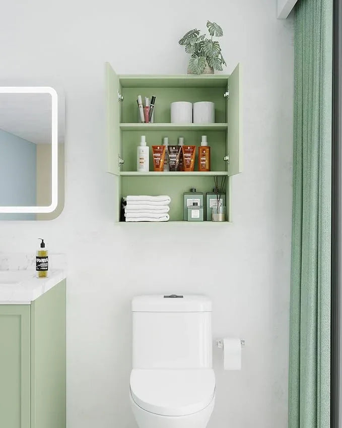Bathroom Cabinet Wall Mount Buffering Hinge,23"x29" inch Over Toilet Storage Cabinet and Adjustable Shelves, Large Space Wooden Medicine Cabinet (Light Green) - ModernBath