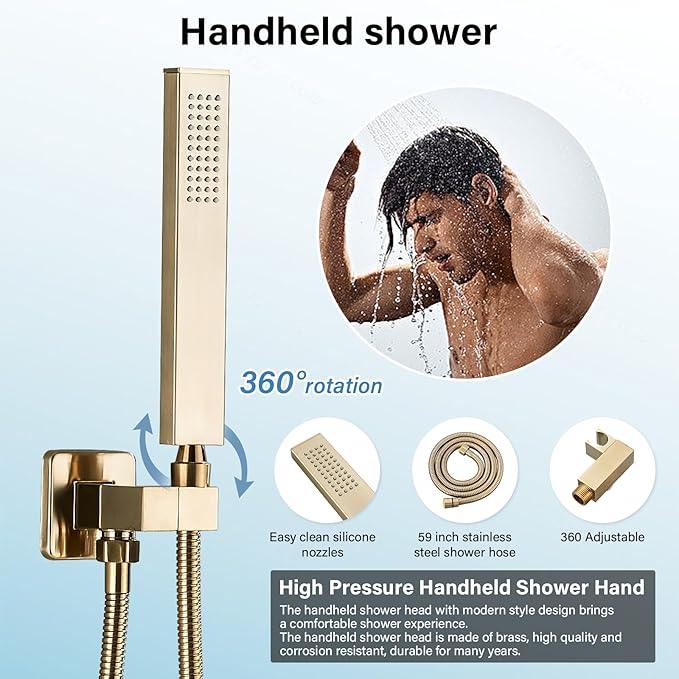 Shower Faucet Set Rain Shower System with 12 Inches Rain Shower Head and Handheld Spray, Bathroom Shower Fixtures Brushed Gold Shower Kit with Brass Valve,Ceiling Mounted - ModernBath