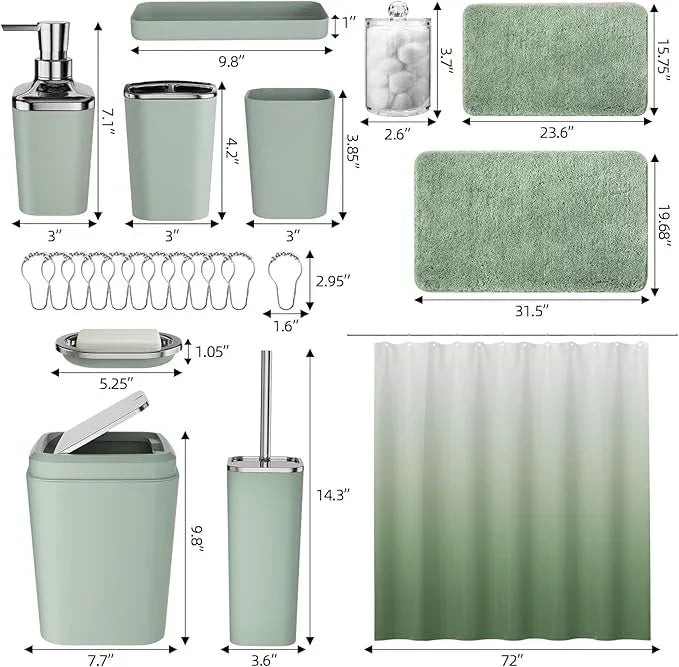 XLHOMO Sage Green Bathroom Set - 24PC Bathroom Sets with Shower Curtain and Rugs, Sage Green Bathroom Accessories Set with Press-on Lid Bathroom Trash Can, Soap Dispenser - ModernBath