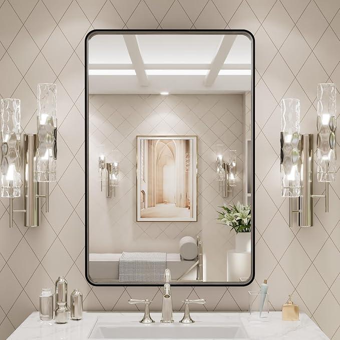 LOAAO 20X30 Inch Black Metal Framed Bathroom Mirror for Wall, Matte Black Bathroom Vanity Mirror Farmhouse, Large Rounded Rectangle Mirror, Anti-Rust, Hangs Horizontally or Vertically - ModernBath