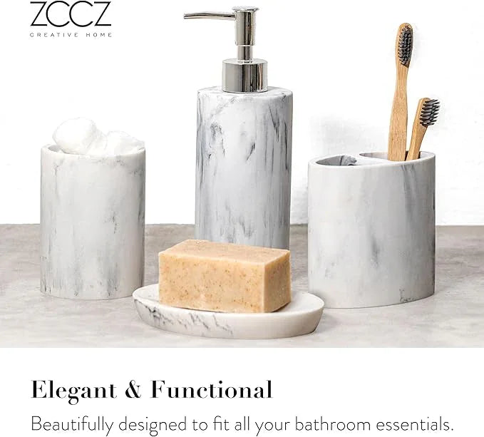 ZCCZ Bathroom Accessory Set, 4 Pcs Marble Look Bathroom Vanity Countertop Bathroom Décor Sets Accessories with Soap Dispenser, Toothbrush Holder Set, Tumbler, Soap Dish - ModernBath