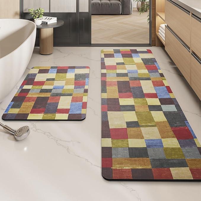 MontVoo -Bath Mat-Non Slip Thin Bathroom Rugs Fit Under Door- Quick Dry Absorbent Faux Suede Surface Grey Bathroom Floor Mats-Shower Rug for in Front of Bathtub Shower Retro Colors Plaid 16x24 - ModernBath